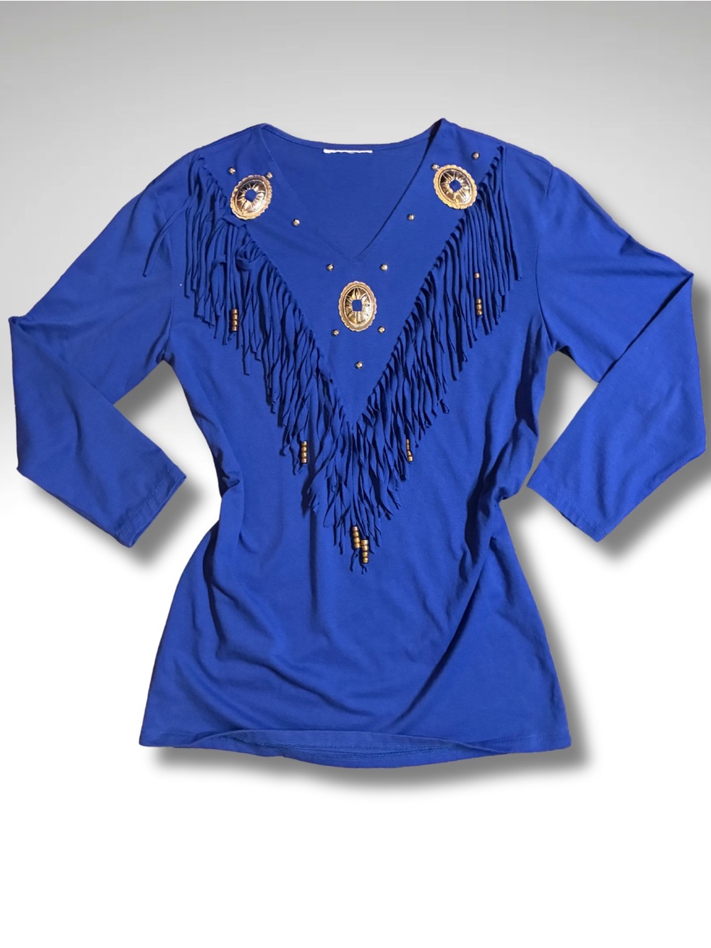 VTG Royal Blue Western Fringe Silver Concho Studded Long Sleeve Top Size M